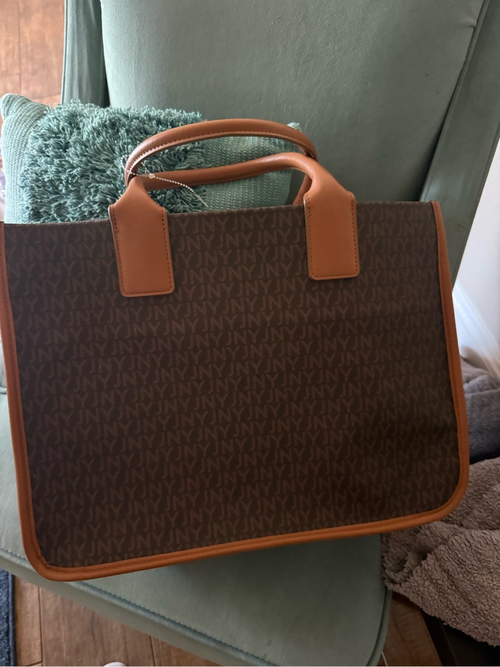 Jones New York Brown Monogram Laptop Tote with Tan Trim